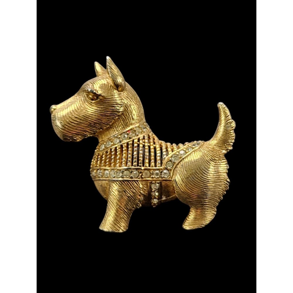 CINER Gold Tone Rhinestone Scottie Dog Scottish Terrier Figural Brooch Pin Rare